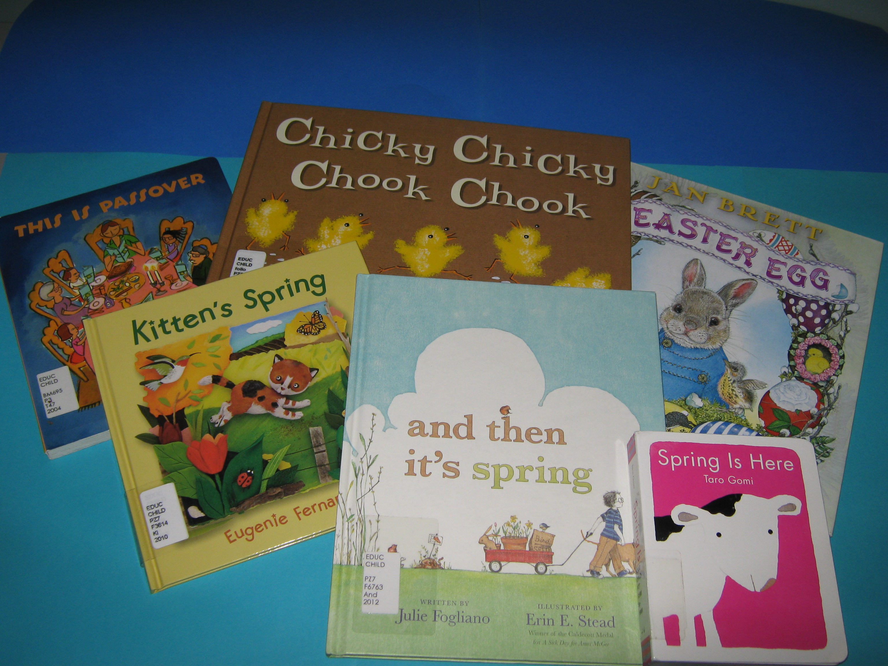 An assortment of book about spring, Easter and passover available at the Education Library & Curriculum Resources Centre.