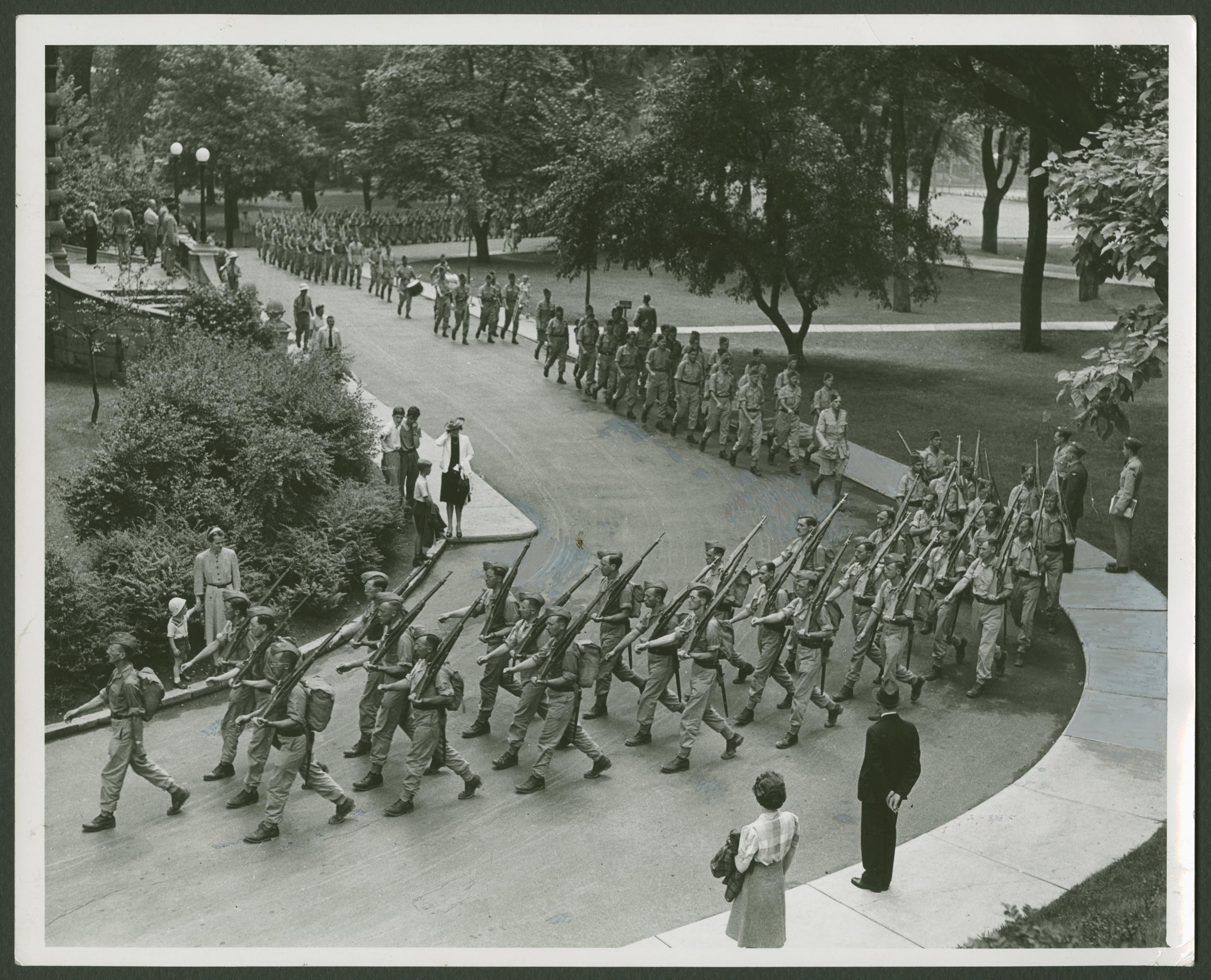 The McGill contingent of the Canadian Officers’ Training Corps parading on lower campus in 1941 (Photo: McGill University Archives)