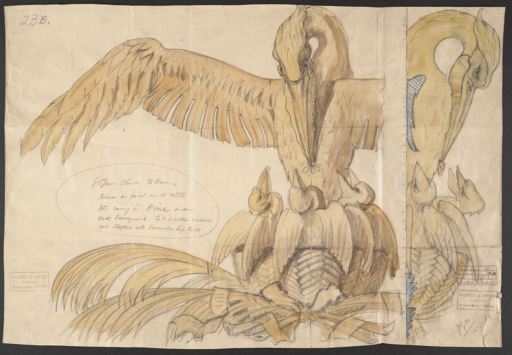 Percy Nobbs (1875-1963). Alterations to St. James Church, Trois-Rivières, Drawing 23B: Pelican on panel over altar 12 November 1916. Watercolour and graphite on paper 63.2 x 91.7 cm. John Bland Canadian Architecture Collection, Rare Books and Special Collections, McGill University Library, Montreal