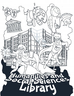 A colouring sheet featuring the Library’s superheros Tablet Girl and Book Boy. Designed by Greg Houston,  Digitization Administrator, McGill Library.