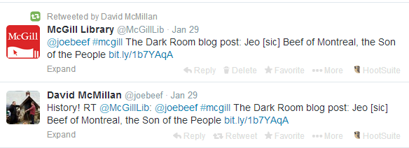 Twitter exchange between David McMillan (co-owner, Joe Beef) and McGill Library
