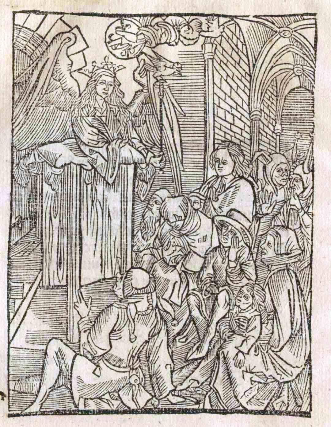 Full page woodcut illustration from the 1498 Dyalogus of Wisdom lecturing fools and the ignorant.