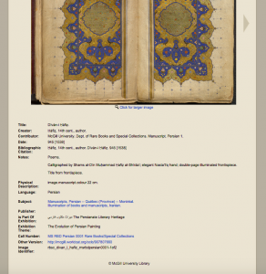 Persianate Literary Heritage digital exhibit item metadata listing. Image provided by Daniel Míguez de Luca