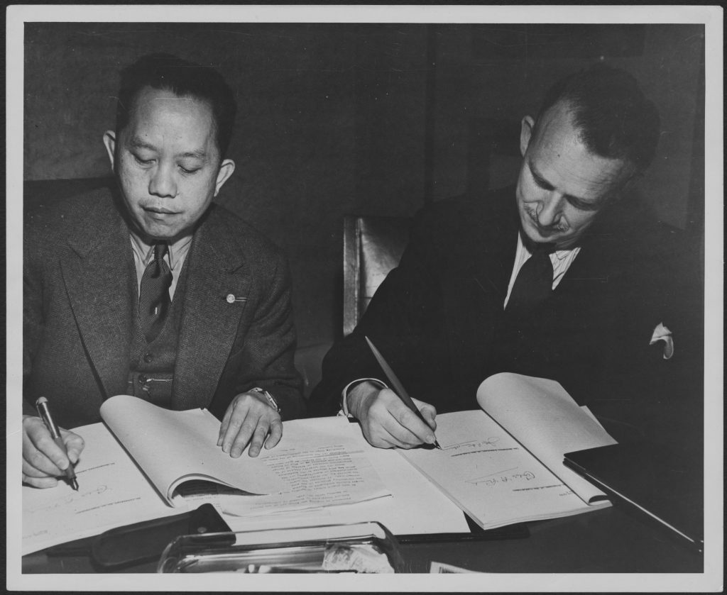 John Peters Humphrey and Gen. Romulo of the Philippines. Geneva, April 1948 Photographer: United Nations 1948 McGill University Archives MG 4127/2002-0086.04.36.1