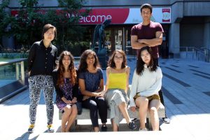 Summer Work Study students supported by the SSMU Library Improvement Fund. From L to R: Jia Yi, Alyanna Jamal, Apoorva Malepati, Lydia Gaougaou, Alice Tang, Ali Grewal