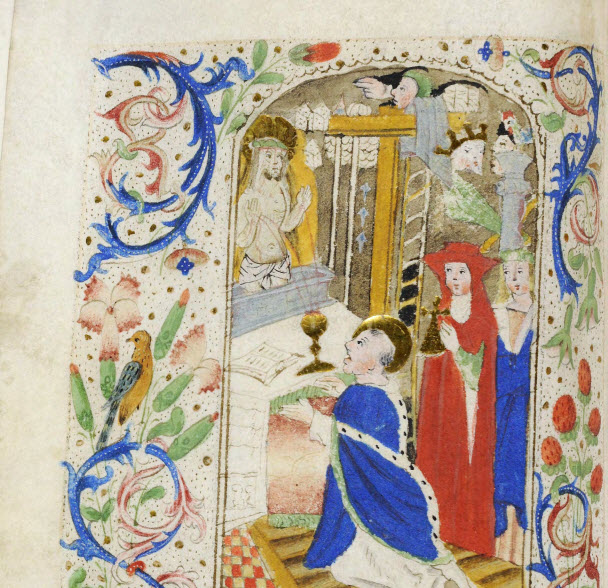 This manuscript is notable for the remarkable beauty of the illuminations in semi-grisaille and the freshness of scenes taken from real life. This book was for the liturgical use of the founder of the Brothers of the Common Life, Geert Groote, who translated the Office of the Virgin into Dutch in about 1385 and was the instigator of Devotio moderna. LVH.0038 MS 100. Hours for the use of Geert Groote Masters of Hugo Janszoon van Woerden. About 1490-1500, Leyden.