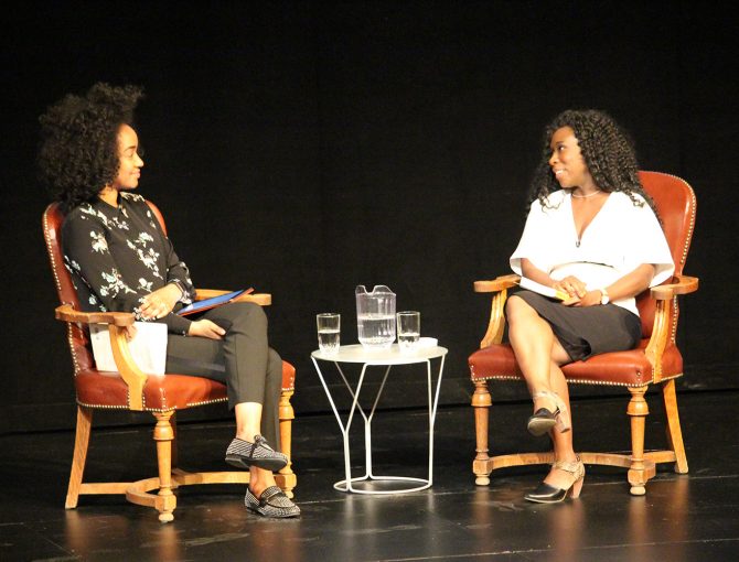 Amanda Parris and Esi Edugyan on stage at the 2019 MacLennan Lecture