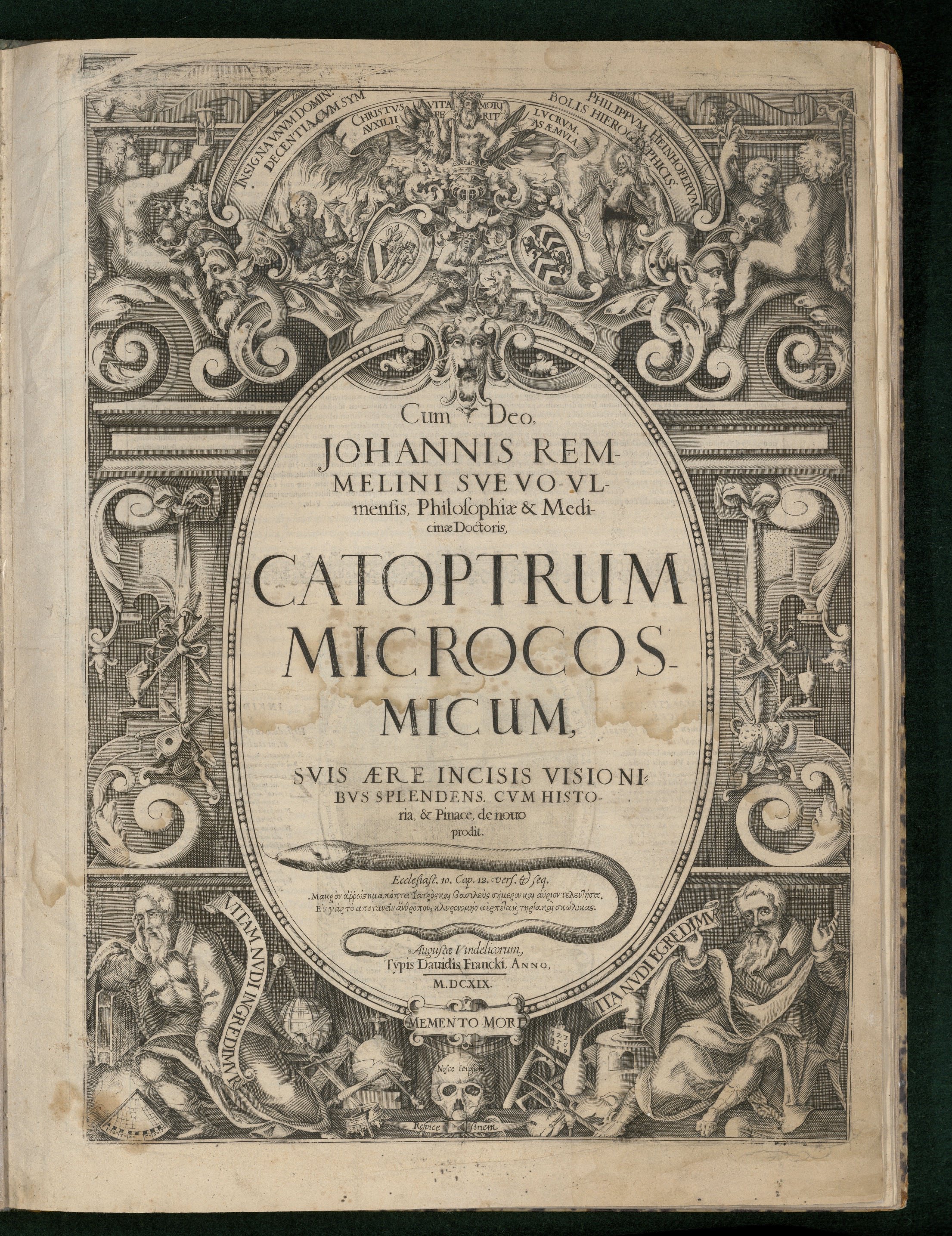 Title page of Johann Remmelin's 1619 Catoptrum microcosmimum, showing a busy scene, with an all-powerful figure in the heavens at the top, instruments of science on the side, and a skull in the middle of the bottom, two thinkers on the side, "Vitam nudi ingredimur" on the viewer's left side, "Vita nudi egredimur" on the right. 