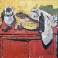 Bernard Lorjou (1908-1986), Le Buffet Rouge (1946-47), oil on canvas, 113 x 144 cm. Gift of Hélène V. Rubin and Lionel Rubin, B.C.L. '35, conserved with the support of a generous donor. McGill Visual Arts Collection. © Association Bernard Lorjou