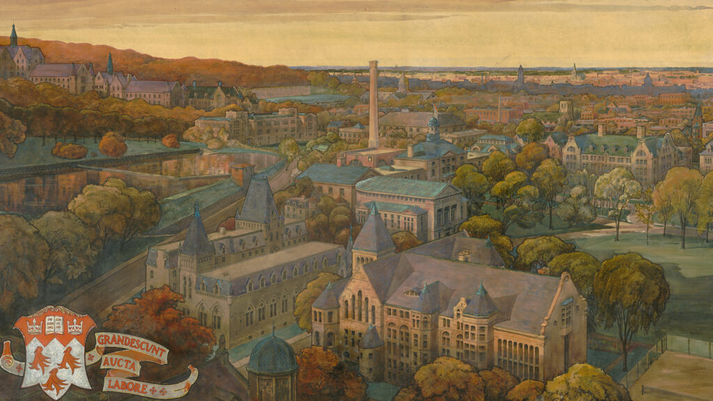 Percy Nobbs watercolour bird's eye view of McGill's downtown campus.
