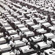 Bird's-eye-view of exam - 1970s, black and white.