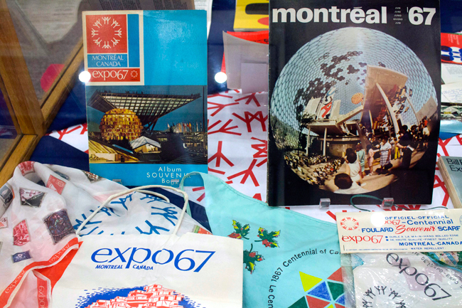 Exhibition cases with Expo67 materials.