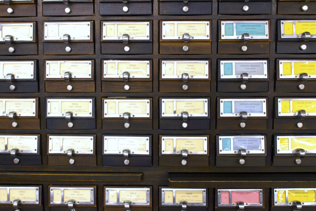 Close-up of card catalogs.