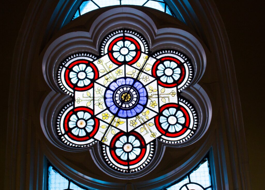 Close-up of stained glass in the Islamic Studies Library.