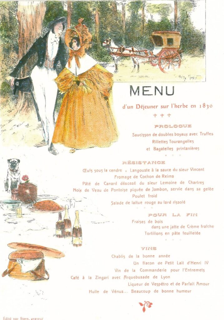 menu d'un déjeuner sur l'herbe en 1830