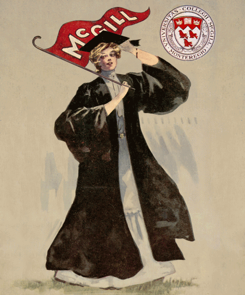 GIF of illustration of McGill graduate in convocation robes holding a red McGill flag.