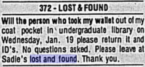 Lost and found ad, The McGill Daily, January 1983