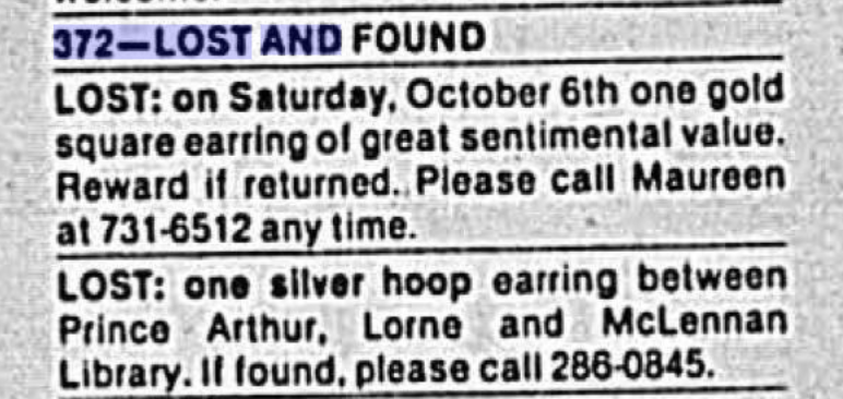 Lost and found ad, The McGill Daily, October 1979