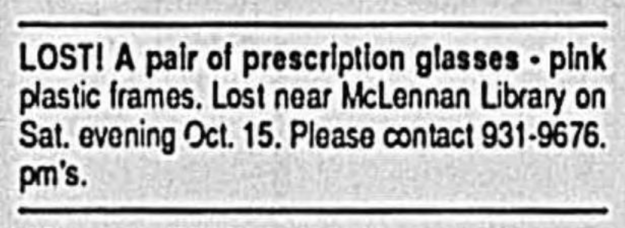 Lost and found ad, The McGill Daily, October 1988
