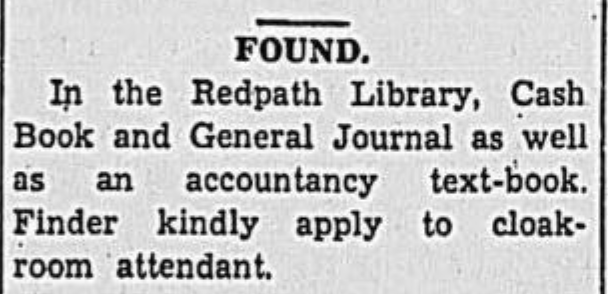 Lost and found ad, The McGill Daily, December 1937
