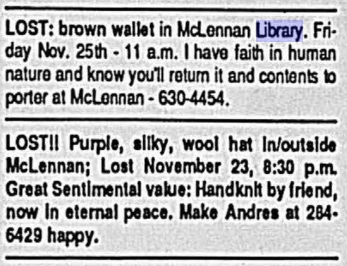 Lost and found ad, The McGill Daily, December 1988