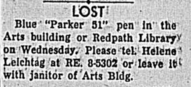 Lost and found ad, The McGill Daily, October 1959