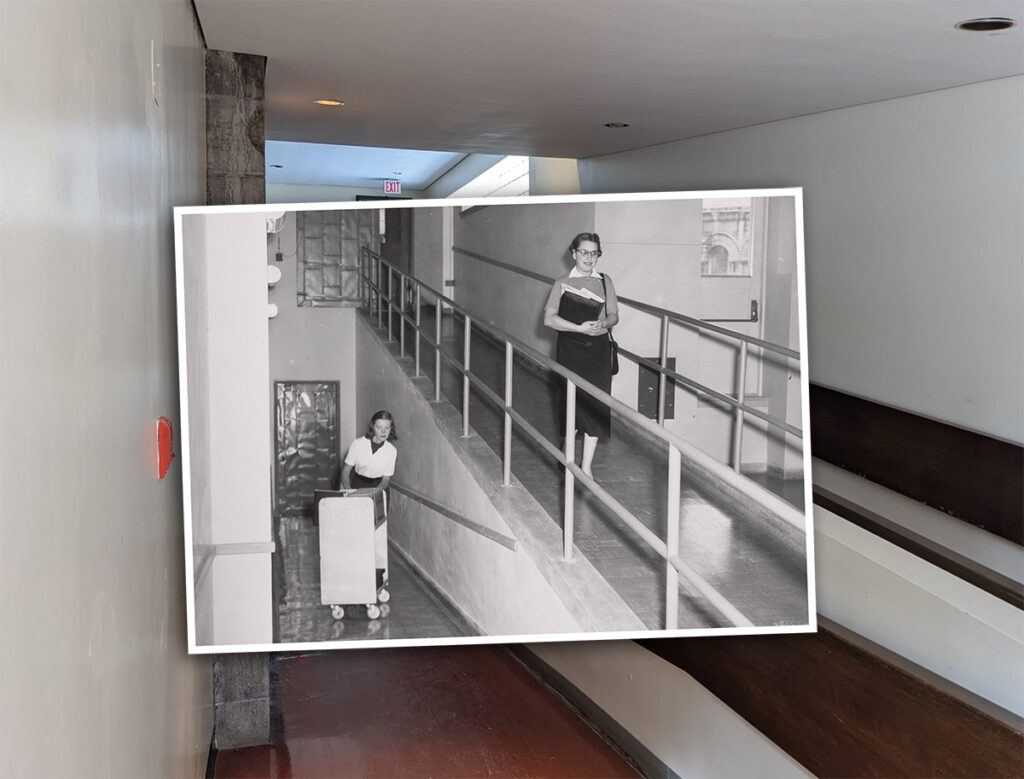 Colour photograph of a hallway in the Library with an overlay of a black and white archival photo of the same location and two Library staff members walking towards the camera.