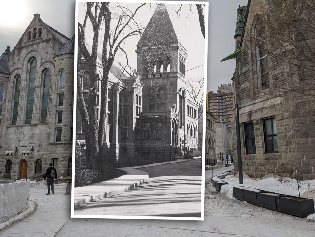 Colour photograph of the McLennan-Redpath Terrace and Redpath Hall with an overlay of a black and white archival photo of the same location.