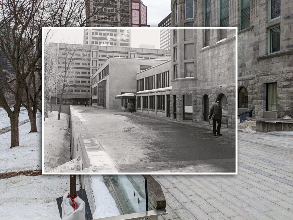 Colour photograph of the McLennan-Redpath Terrace with an overlay of a black and white archival photo of the same location.