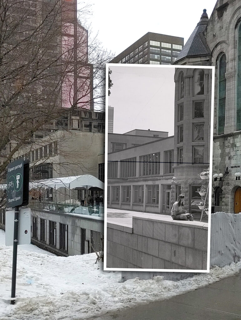 Colour photograph of the McLennan-Redpath Terrace with an overlay of a black and white archival photo of the same location.