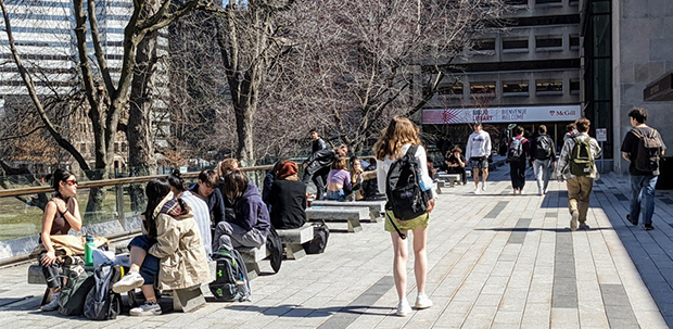 Students on the McLennan-Redpath Terrace in spring.
