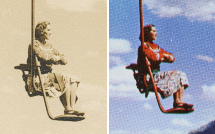 sepia image of a woman on a chairlift beside a colour image of the same