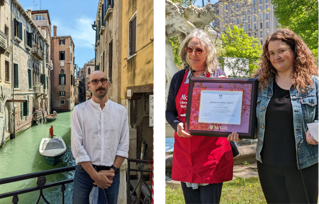Two photos side by side. Left: Carlo Della Motta in Italy! Right: Dean Colleen Cook with Kristen Goodall, one of Carlo's nominators, who accepted the award in his absence