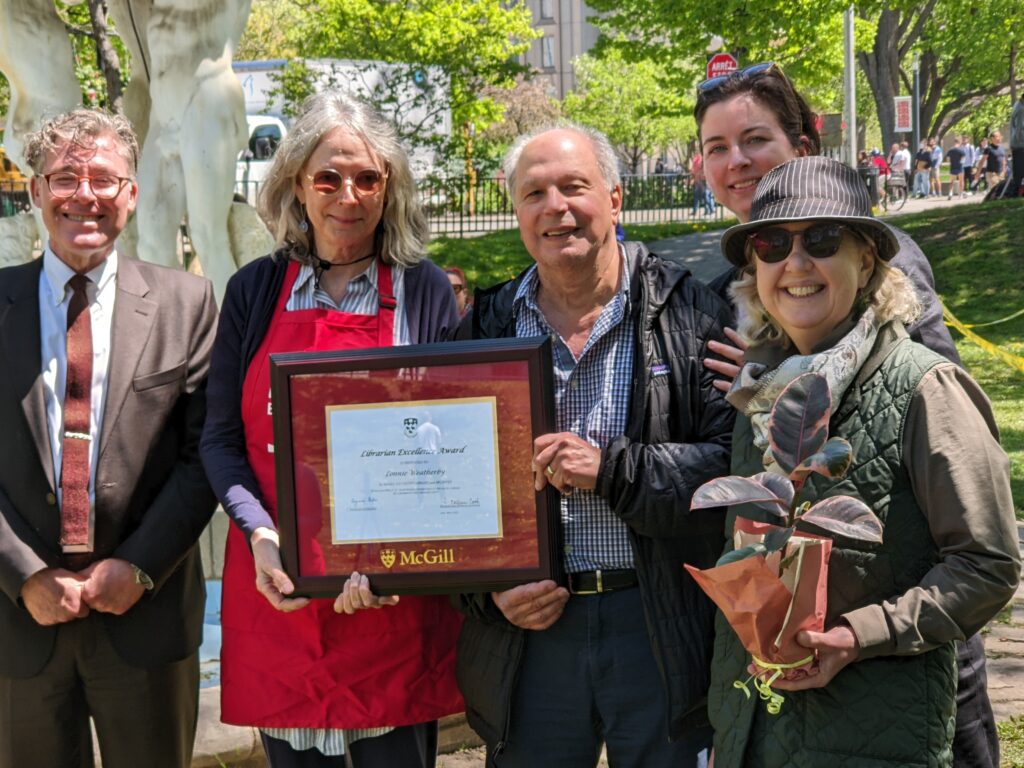 Left to right: Chris Lyons, Dean Colleen Cook, Lonnie Weatherby, and two of Lonnie's nominators, Jennifer Garland and Nathalie Cooke