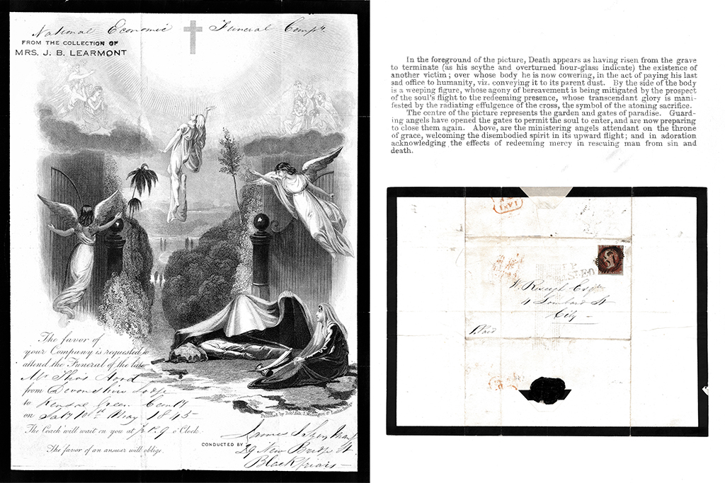 Funeral notice for Thomas Hood (recto verso) featuring an illustration of a landscape with angels, typed text and an envelope with a stamp and handwritten address.