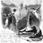 Funeral notice featuring an illustration of a landscape with angels.