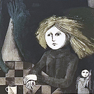 Etching, by Leticia Tarragó featuring a girl sitting at a table with a large figure behind her.