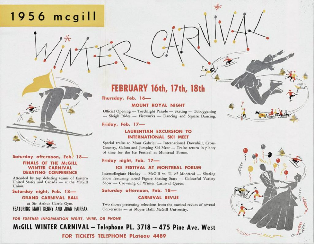 Winter Carnival mailing showing illustrations and schedule of events, including Mount Royal Night, Ice Festival, and more.