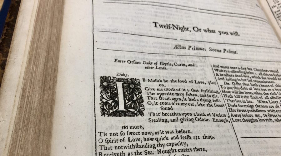 Close-up of rare book with "Twelf-Night" page open.