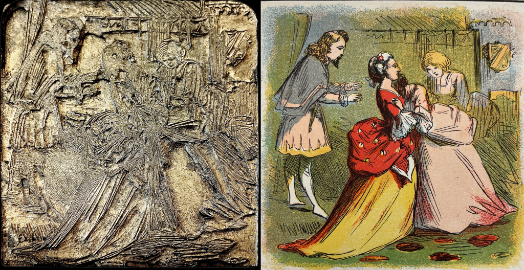 cinderella forgiving her sisters. Wood block at left and printed image at right.