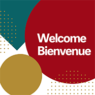 Colourful geometric graphic that says Welcome Bienvenue