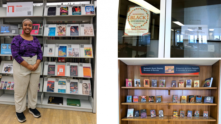 Left: Tsion Sisaye in front of book display and right: two book displays.