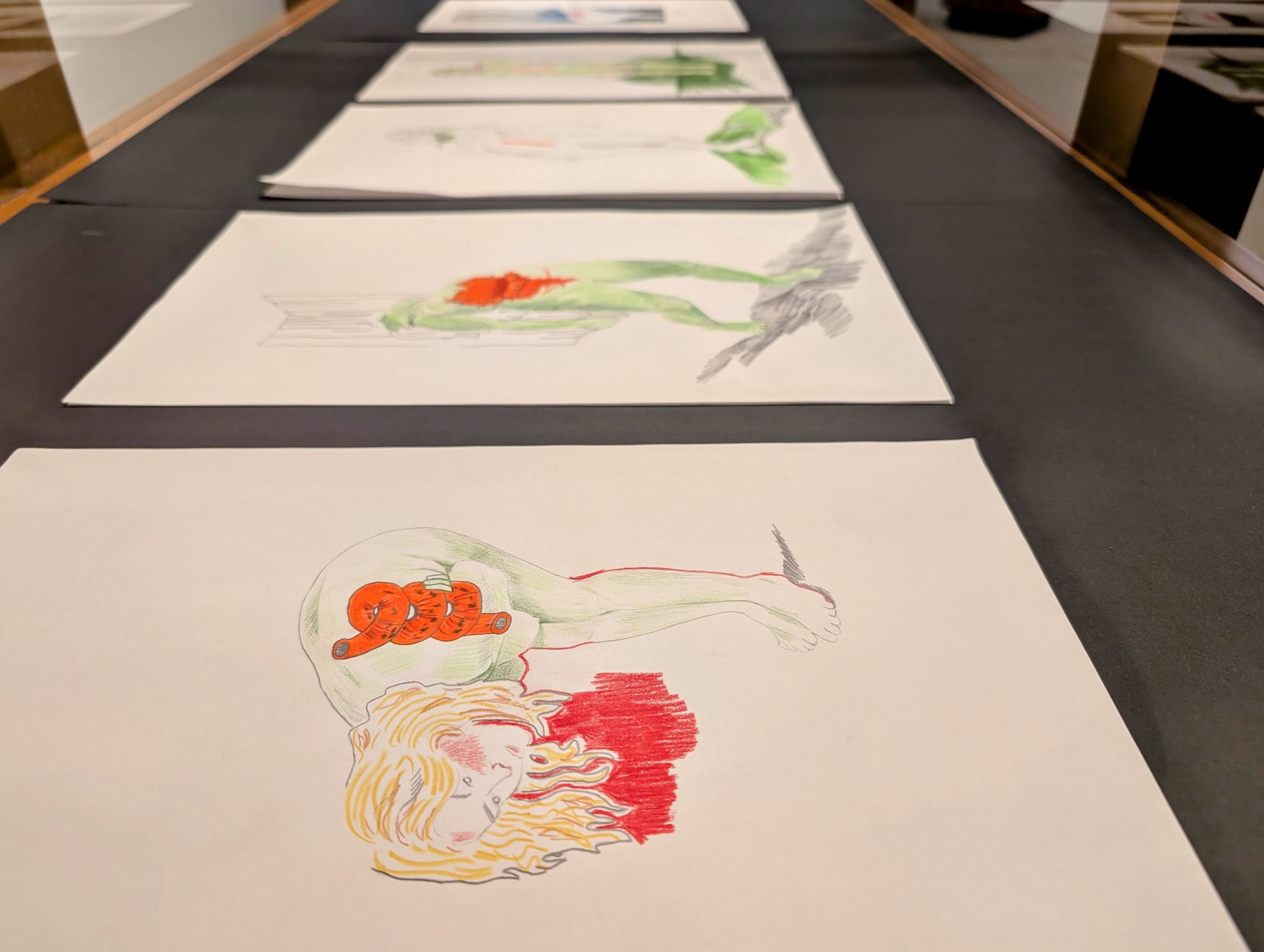 Sketches of bodies in cases at ouch ouch ouch exhibit.