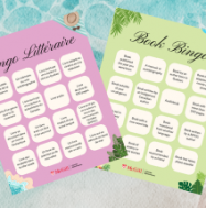 Book Bingo cards in English and French on summer background.