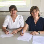 From L to R: Guylaine Beaudry, Trenholme Dean of Libraries at McGill University and Nathalie Marcerou-Ramel, Director of l’École nationale supérieure des sciences de l'information et des bibliothèques (ENSSIB)