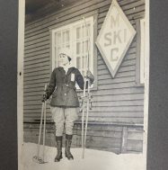 Mrs. G.A. Wendt holding skis, Mount Royal (1921)