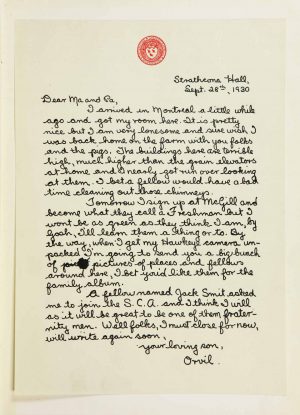 Letter from Orvil (student) to folks back home. Correspondence featured in Old McGill Yearbook 1931.