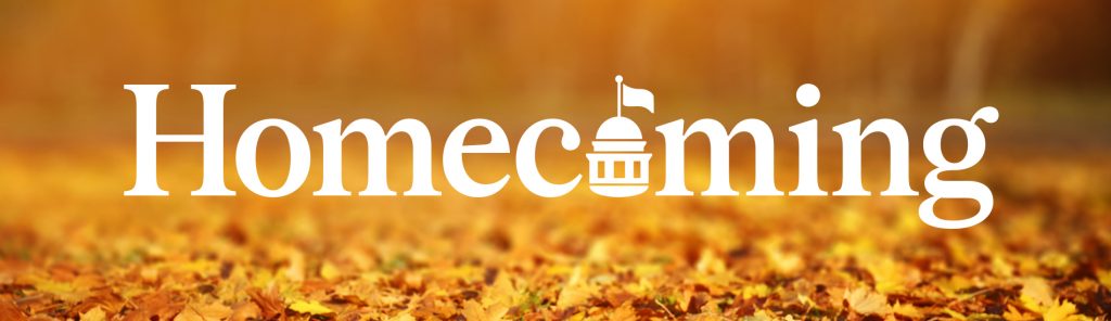 Homecoming graphic featuring the word "Homecoming" against a backdrop of golden leaves.