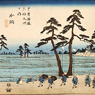 Japanese print of people on a beach with water and trees