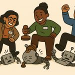 Illustration of three staff members stomping on bots